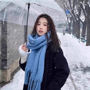 蓝色围巾女2025新款 纯色仿羊绒韩系氛围高级感加厚软糯围脖 秋冬季