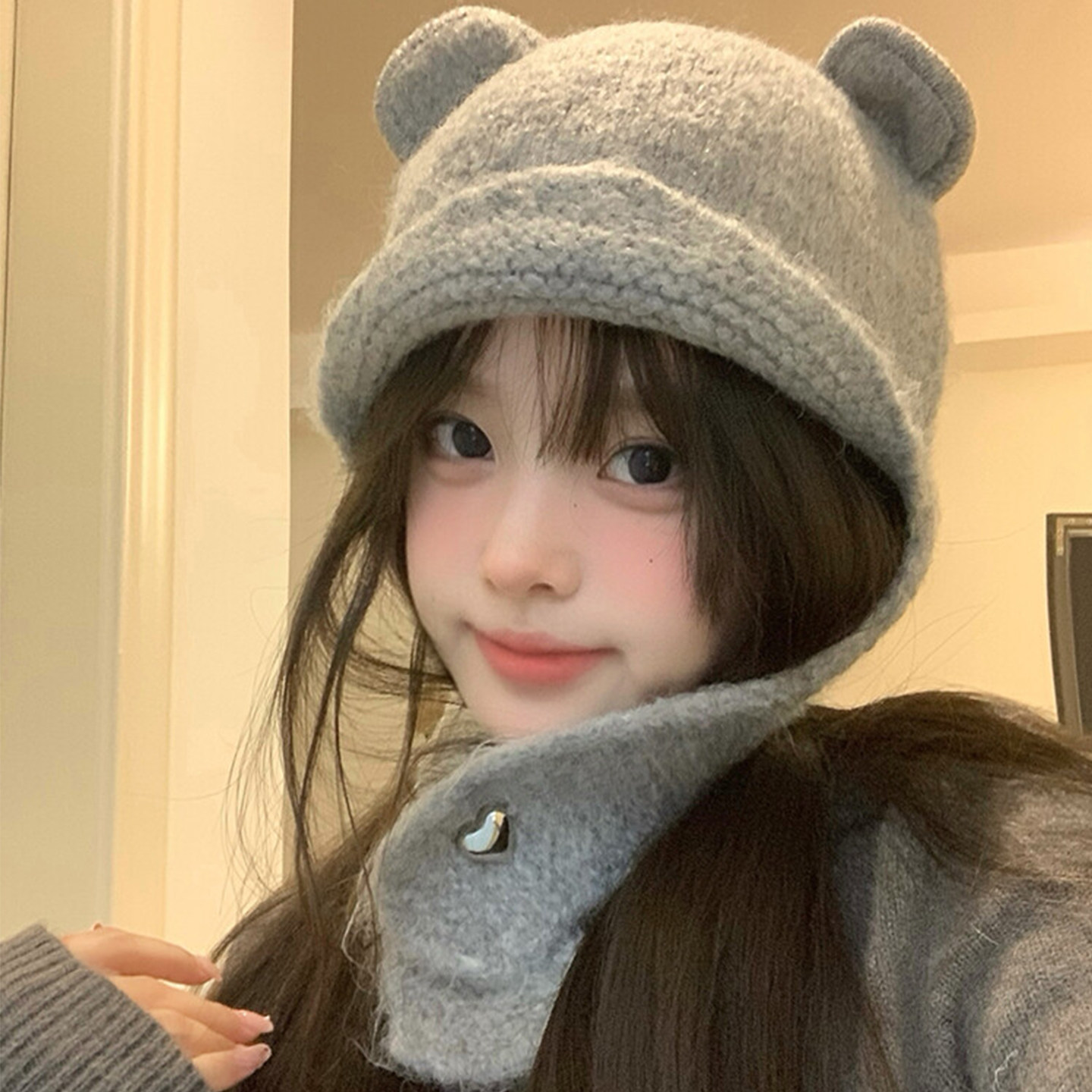 可爱小浣熊针织护耳帽子女士冬2025新款加厚保暖显脸小套头毛线帽