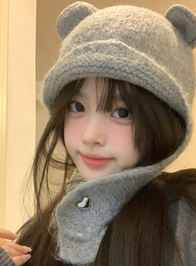 小浣熊针织护耳帽子显脸小毛线帽