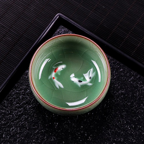 青瓷瓷品茗双鱼单个功夫茶杯
