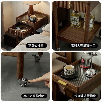 小推车黑胡桃木迷你床头窄小床头柜可移动夹缝收纳柜沙发边几茶几