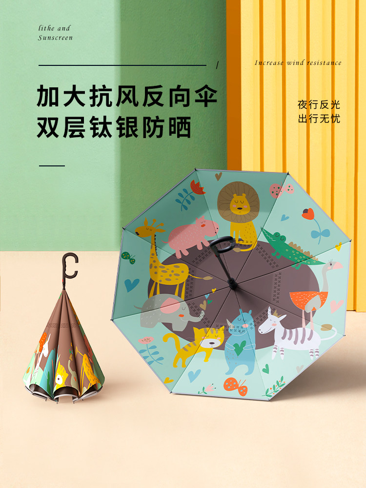 橙色钛银反伞长柄伞自动大雨或阳光免提汽车双层遮阳伞的妇女