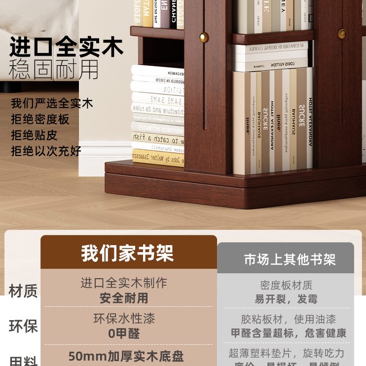 柜子收纳360落地家用客厅儿童书柜实木旋转书架度简约简易置物架