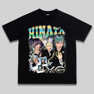 HINATA韩国XG女团美式宽松圆领纯棉短袖重磅复古做旧水洗男女T恤