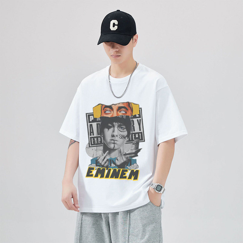 Eminem 埃米纳姆美式复古纯棉宽松摇滚街头嘻哈潮流小领口短袖T恤