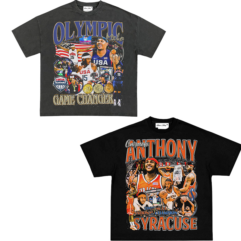 卡梅隆安东尼美式篮球纯棉宽松摇滚嘻哈潮流男运动小领口短袖T恤