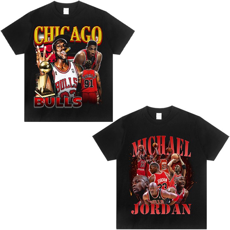 M.J篮球运动老流氓美式小领口Vintage罗德曼重磅纯棉潮流短袖t恤