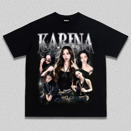 Karina柳智敏复古重磅纯棉Aespa女团周边短袖美式水洗做旧宽松T恤
