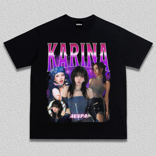 KARINA柳智敏 粉丝周边复古美式纯棉重磅t恤宽松男女短袖透气印花