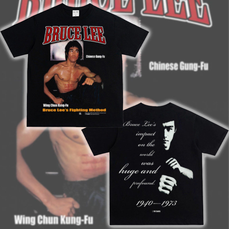 BruceLee 李小龙功夫美式重磅纯棉青年街头休闲圆领运动潮短袖t恤