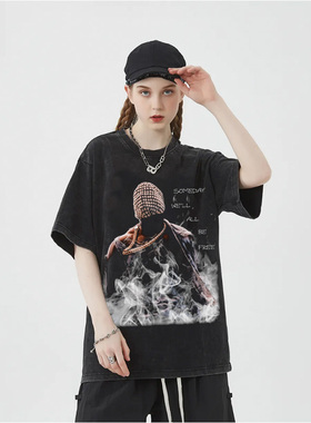 Kanye Omari West侃爷美式小领口摇滚Hiphop潮流纯棉宽松短袖t恤