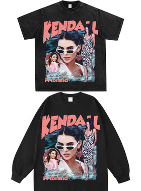 Kendall Jenner肯豆詹娜美式重磅纯棉小领口宽松数码印花短袖t恤