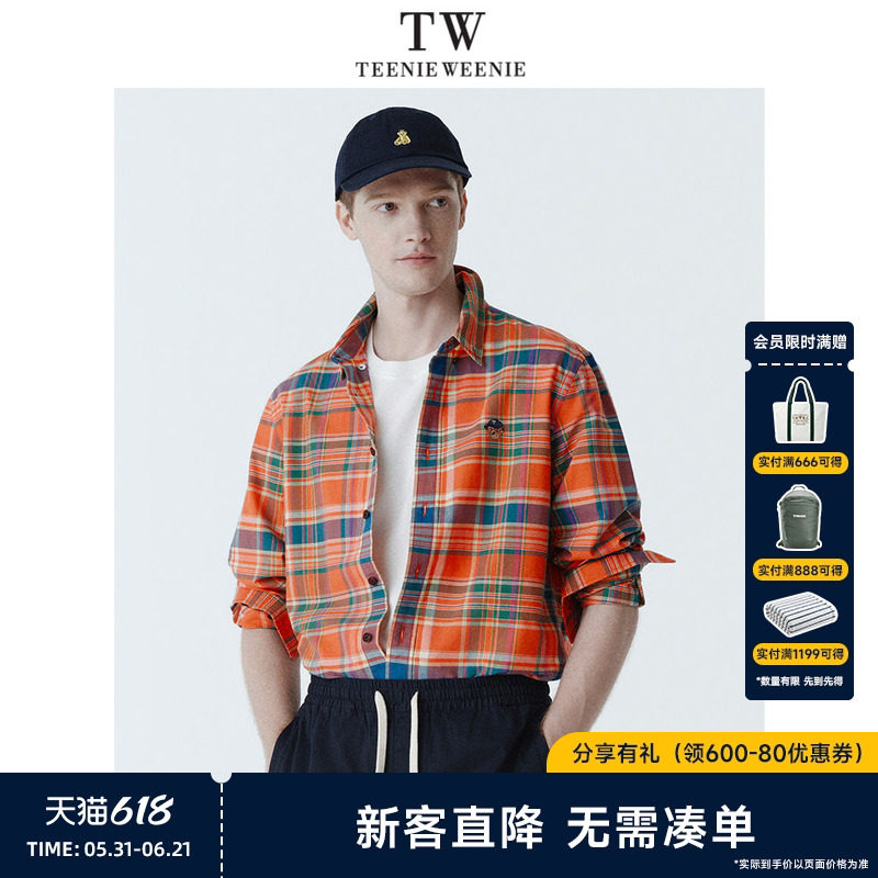 TeenieWeenie小熊男装2026年春美式复古格子休闲时尚刺绣长袖衬衫