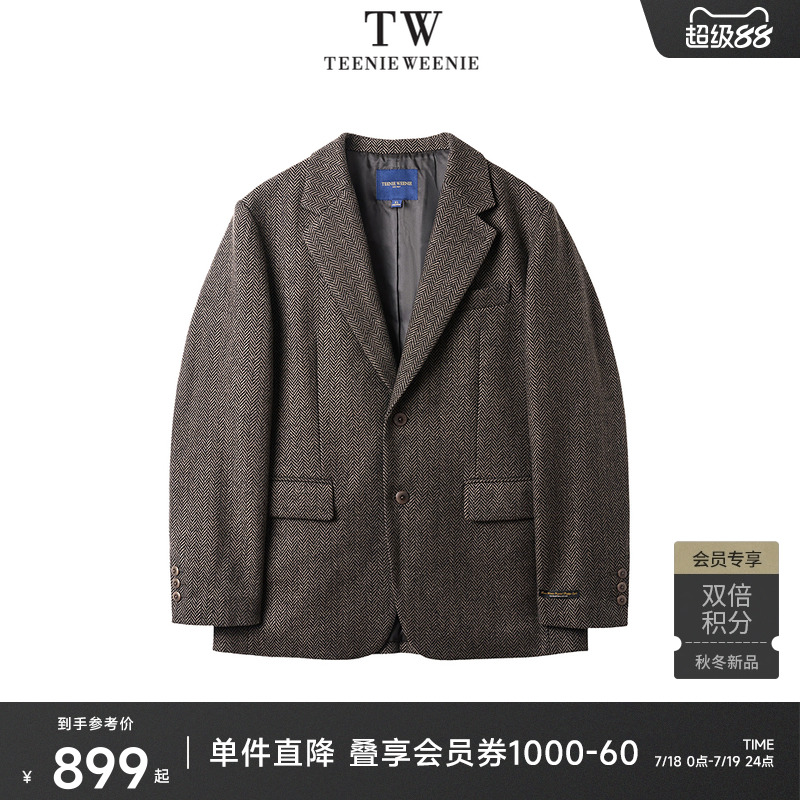 Teenie Weenie小熊男装翻领设计商务休闲西装翻领毛呢薄垫肩外套