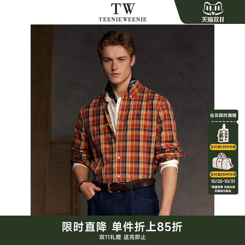 TeenieWeenie小熊男装2026年夏季成衣水洗格纹刺绣熊休闲长袖衬衫