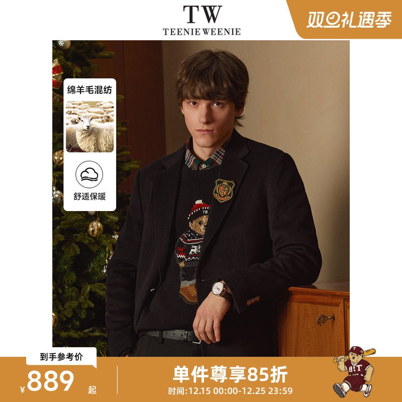 TeenieWeenie小熊男装简约秋装复古黑色宽松西装毛呢外套