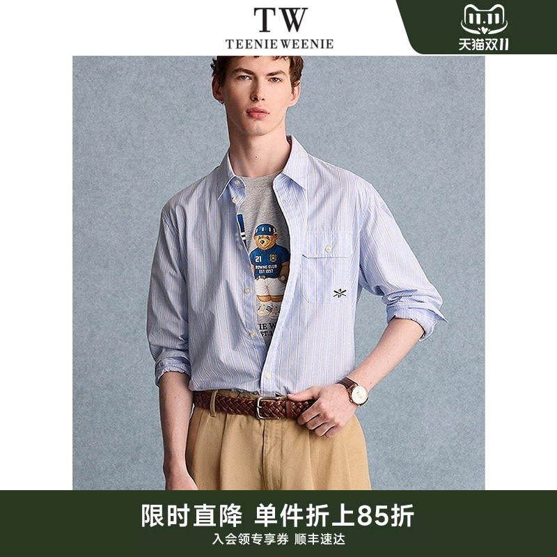 TeenieWeenie小熊男装衬衫夏季新款简约清新条纹宽松休闲长袖衬衣