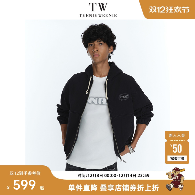 Teenie Weenie小熊男装复古水洗做旧帆布舒适街头风连帽牛仔夹克