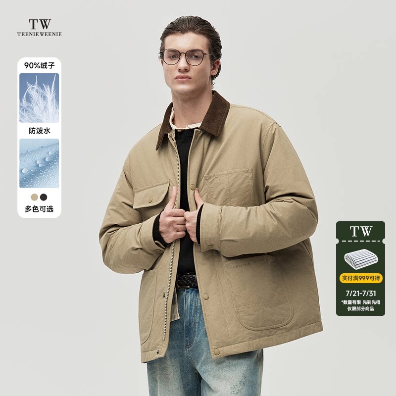 TeenieWeenie小熊男装2026冬灯芯绒拼接翻领四贴袋短款夹克羽绒服
