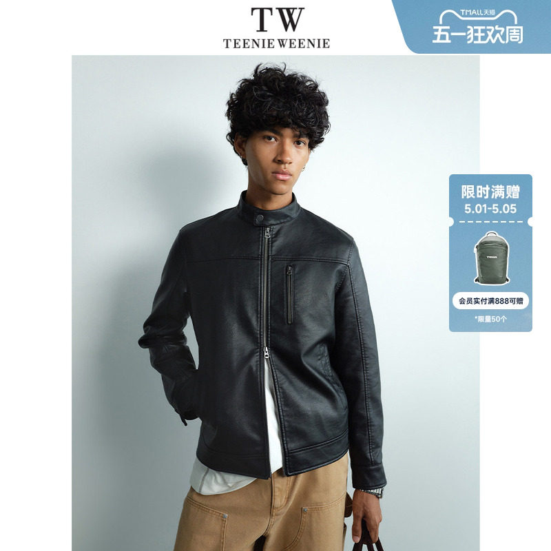 TeenieWeenie小熊男装美式复古PU皮质感轻便易打理立领皮夹克