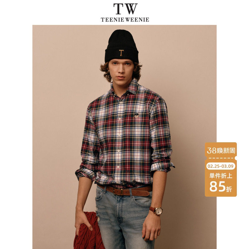 TeenieWeenie小熊男装红色格纹衬衫2025春季新款复古潮流长袖衬衣