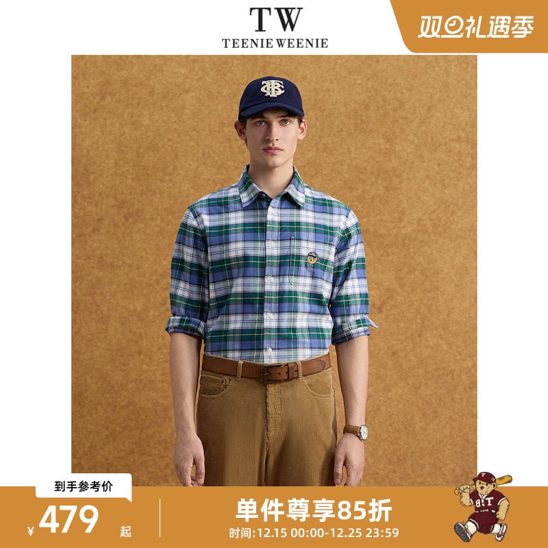Teenie Weenie小熊男装宽松翻领简约通勤休闲格纹衬衫