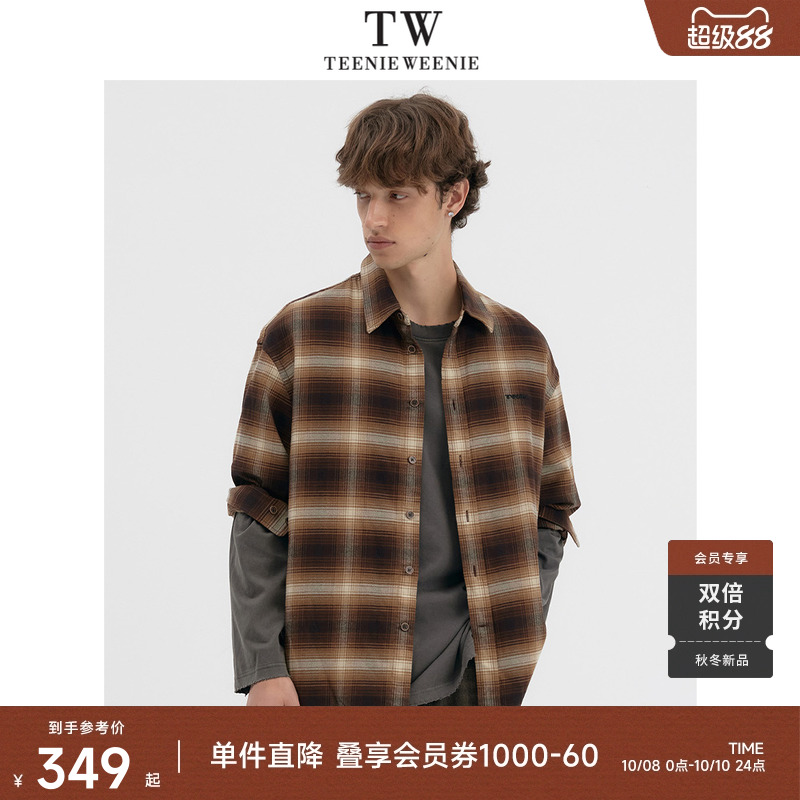 Teenie Weenie小熊男装休闲舒适撞色纯棉格纹长袖复古上衣衬衫