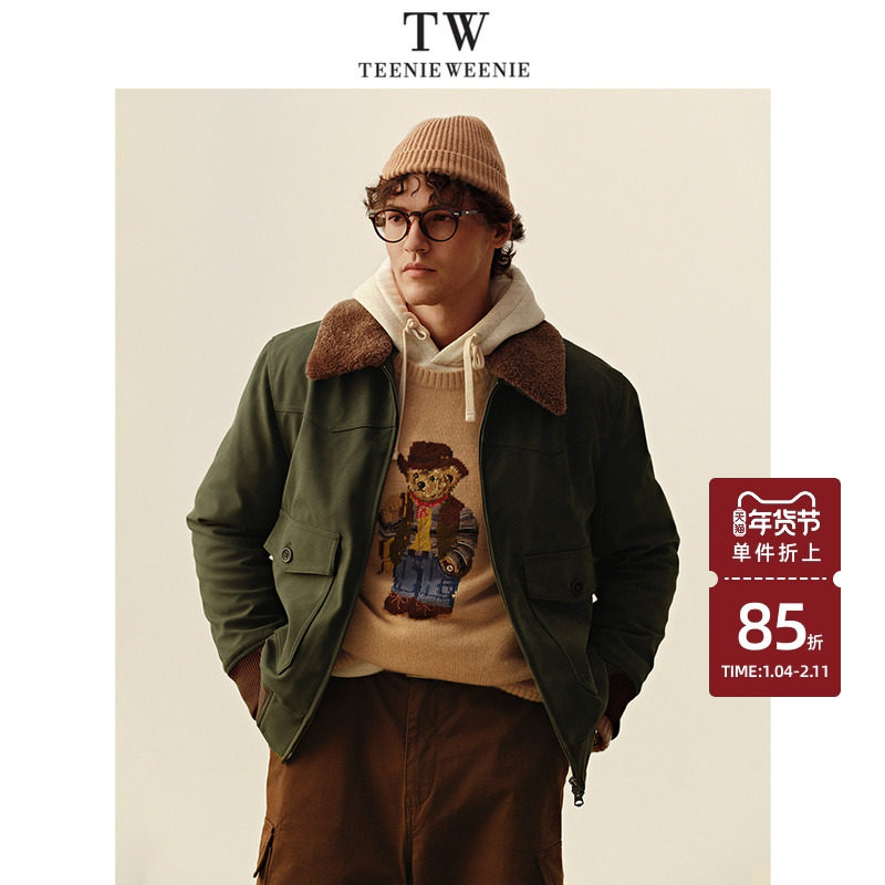 Teenie Weenie小熊男装日常美式通勤复古仿羊羔毛翻领夹