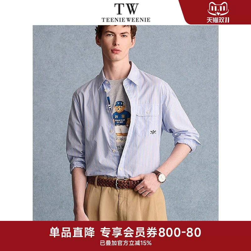 TeenieWeenie小熊男装衬衫夏季新款简约清新条纹宽松休闲长袖衬衣