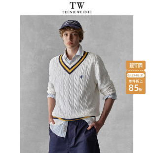 TeenieWeenie小熊男装 复古学院撞色条纹提花微落肩V领绞花毛衣