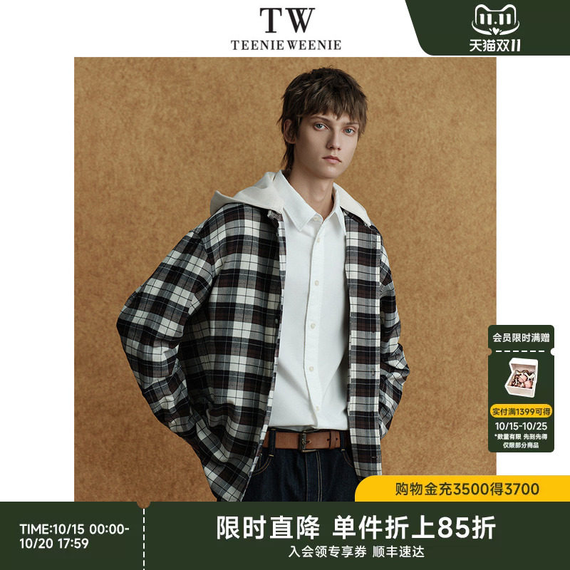 TeenieWeenie小熊男装衬衣可拆卸帽日系休闲日常宽松格纹长袖衬衫
