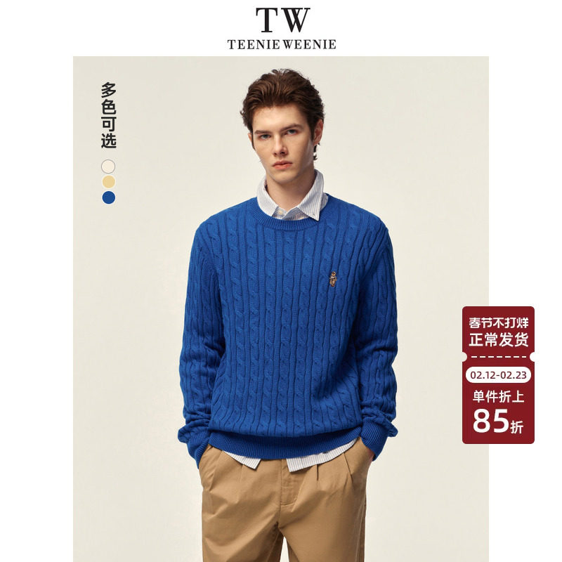 TeenieWeenie小熊男女同款毛衣2025春新款圆领复古时尚绞花针织衫