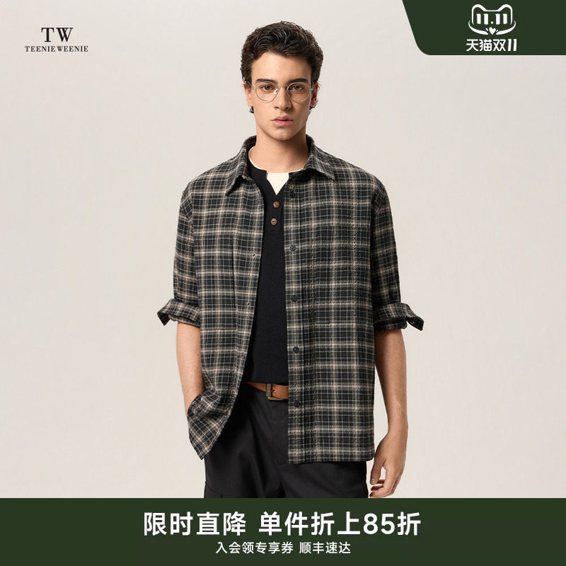Teenie Weenie小熊男装衬衫2026秋休闲宽松复古格纹长袖衬衫外套