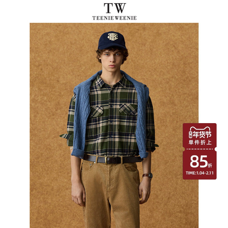 Teenie Weenie小熊男装宽松翻领简约通勤休闲格纹衬衫