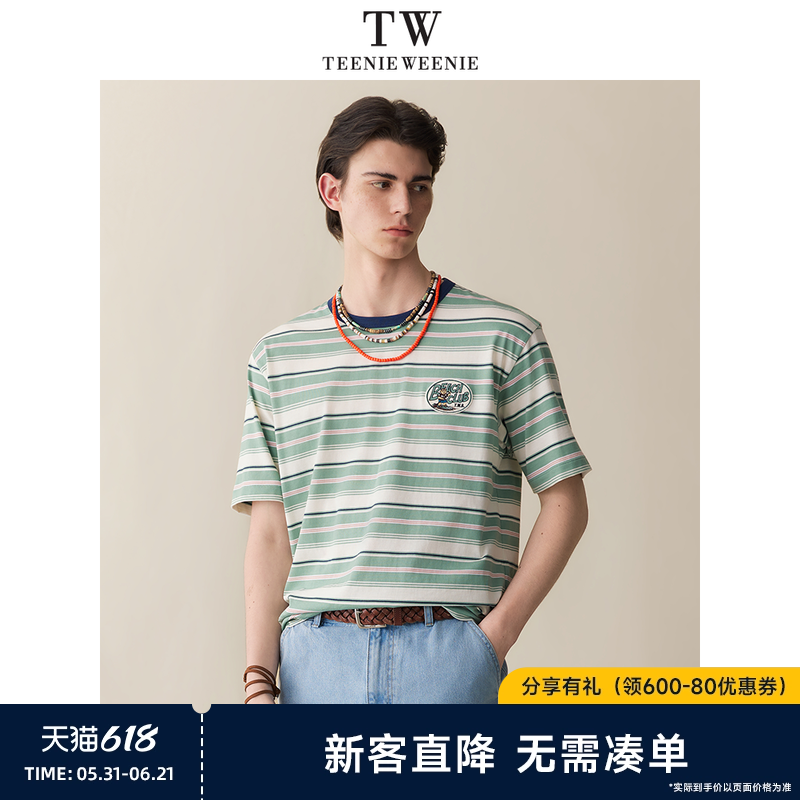 TeenieWeenie小熊男装2026夏季徽章布贴清爽条纹宽松休闲短袖T恤