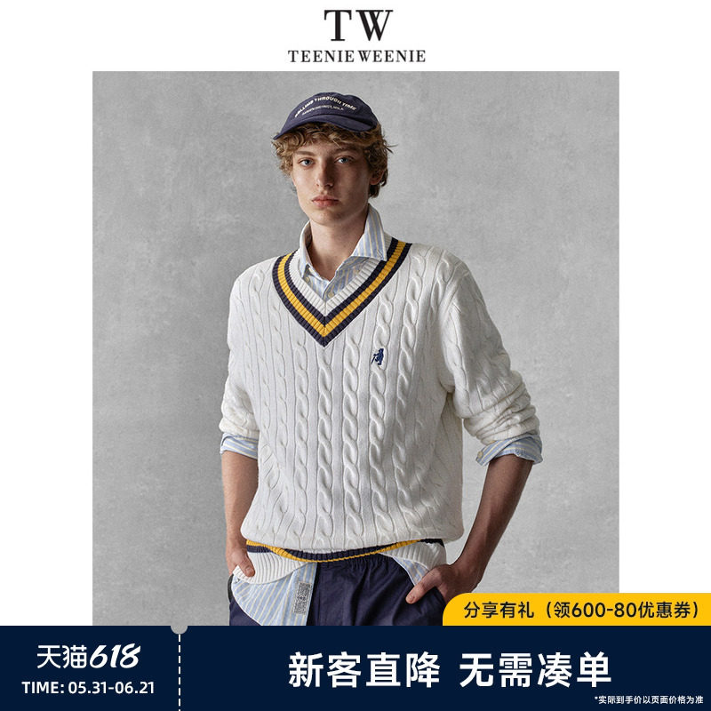 TeenieWeenie小熊男装复古学院撞色条纹提花微落肩V领绞花毛衣
