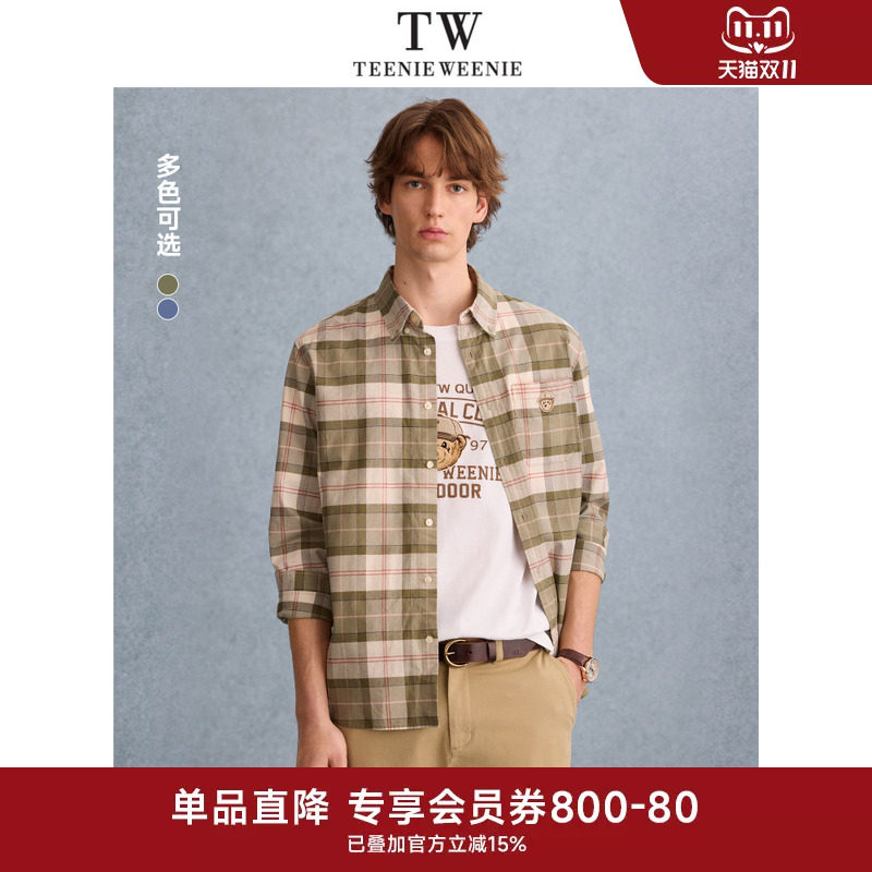 TeenieWeenie小熊男装衬衫春季新款休闲通勤学院格纹翻领长袖上衣