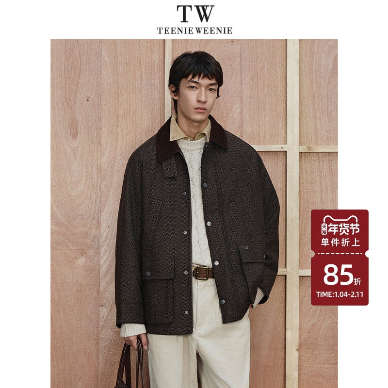 Teenie Weenie小熊男装复古法式插肩宽松中性风毛呢外套