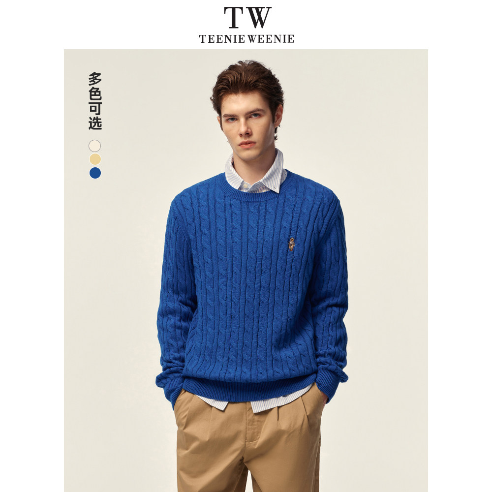 TeenieWeenie小熊男女同款毛衣2025春新款圆领复古时尚绞花针织衫