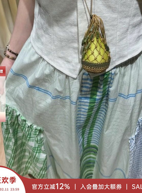 EKA 安格集合店 25SS春夏印度手工绿色格纹拼接大摆伞裙半身裙女