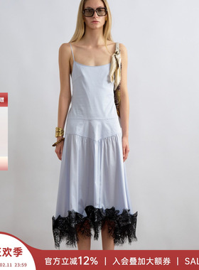 JACQUES WEI 安格集合店 25PF度假系列蓝色蕾丝拼接系带连衣裙女
