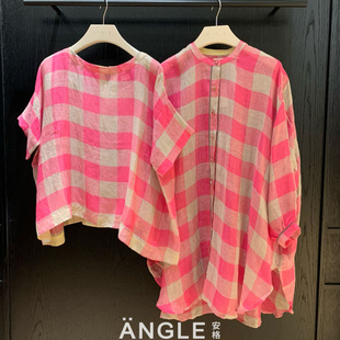 上衣 25SS春夏印度手工亚麻织布粉色格纹圆领衬衫 EKA 安格集合店