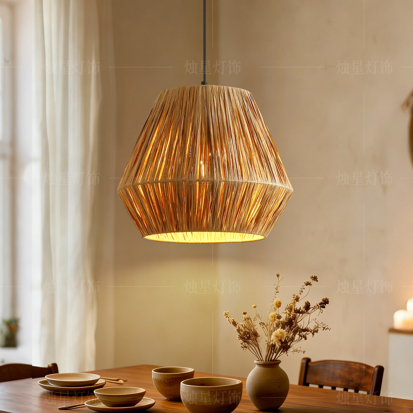 复古草编吊灯民宿客厅酒店餐厅餐桌灯具创意艺术日式侘寂风吊灯