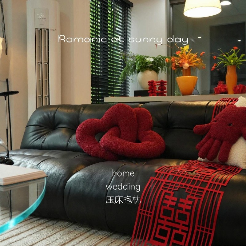 结婚客厅布置简单大气沙发抱枕一对喜庆红色爱心靠枕靠垫婚房装饰
