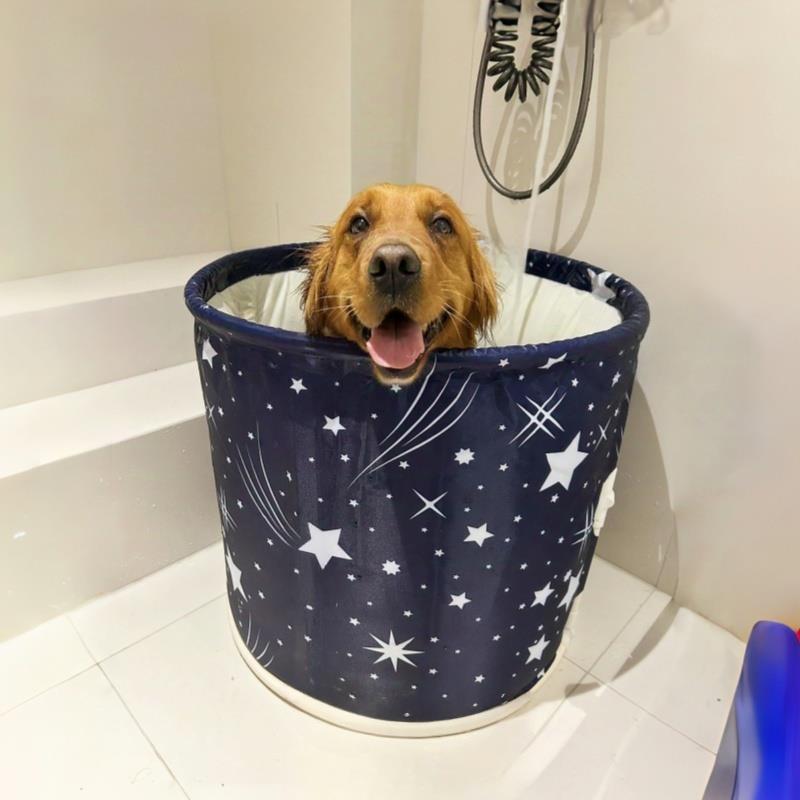 蓝色星空狗狗洗澡盆可折叠大号宠物通用加厚圆形浴缸中大型犬浴桶