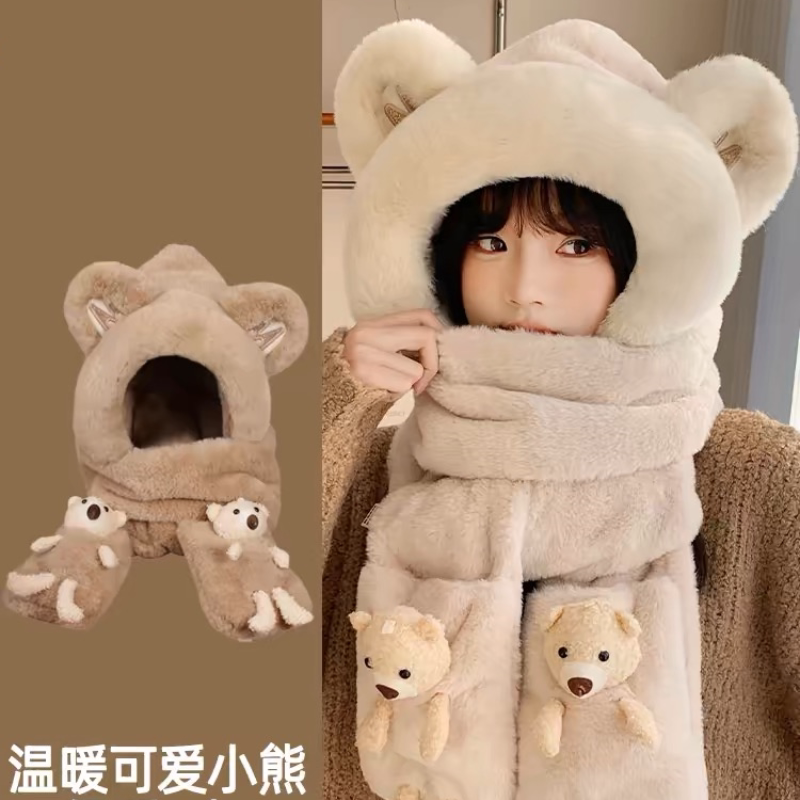 百搭小熊帽子围巾一体女