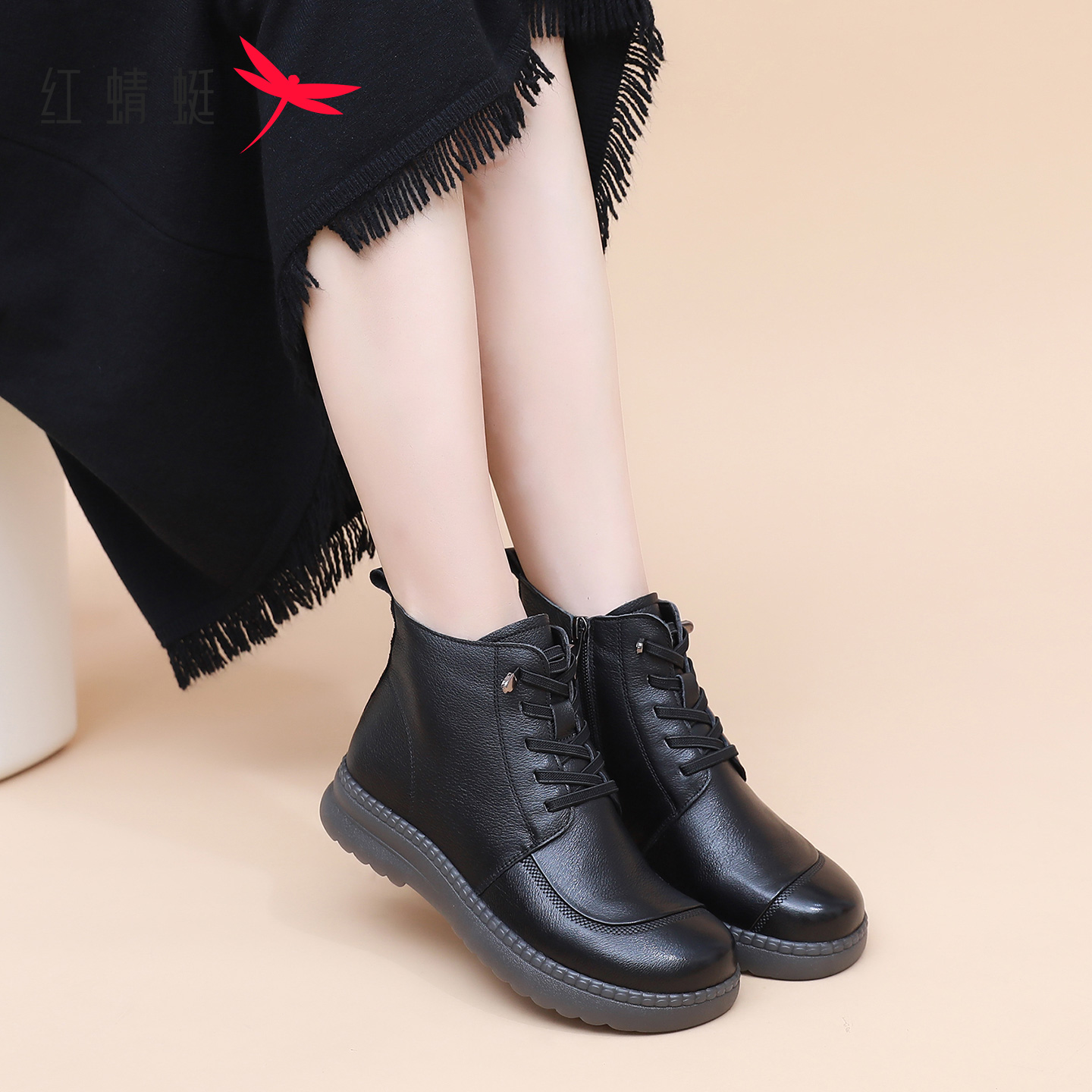 红蜻蜓妈妈女士棉鞋冬季防滑短靴