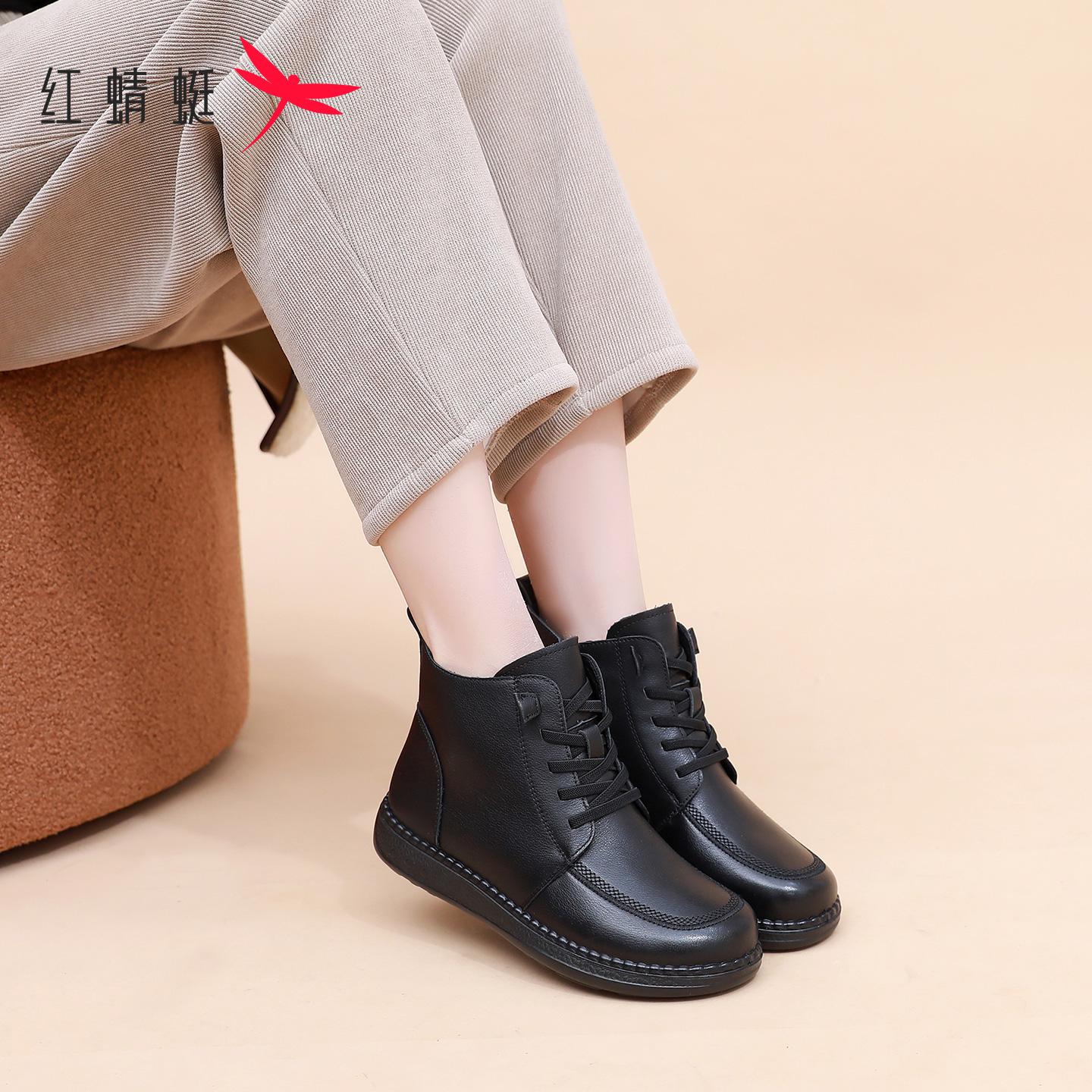 红蜻蜓真皮棉靴女式加绒款中老年妈妈奶奶棉鞋防风挡水保暖不累脚