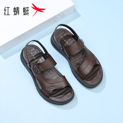 红蜻蜓男皮凉鞋