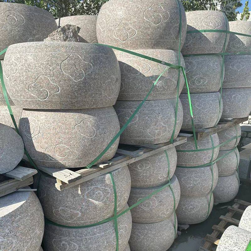 花岗岩石鼓车止石广场小区阻车拦路挡车圆鼓芝麻灰异型雕刻石球